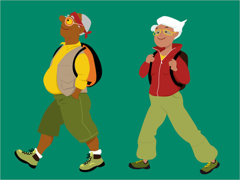 Energetic mature couple hiking with backpacks, EPS 8 vector illustration