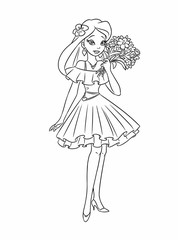 Girl bouquet flowers coloring pages cartoon illustration isolated image