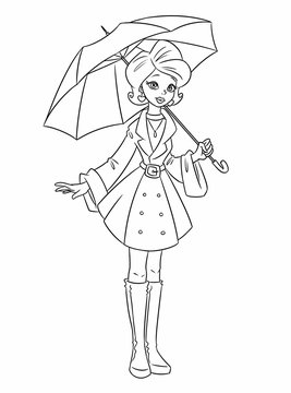 Girl autumn umbrella coloring pages cartoon illustration isolated image