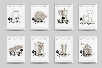 Coffee vector poster set. llustrations in sketch style. Cards co