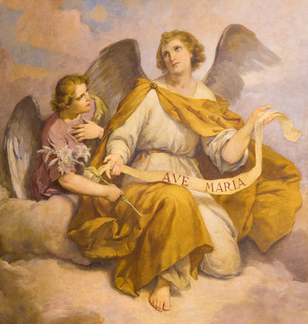 ROME, ITALY - MARCH 9, 2016: The fresco of angels in church Chiesa di Santa Maria in Aquiro (Our Lady of Lourdes chapel) by Domenico d Alessandro (1865).