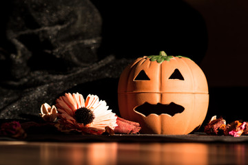 halloween pumpkin, front view with dried flowers potpourri and black background