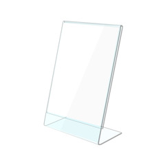 Vector Table Blank Transparent Plastic Stand Holder for Menu Paper Calendar Card Isolated on White Background