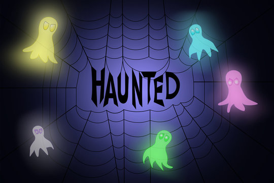 Spider web with word haunted hanging in the middle, with neon colored ghosts flying around it