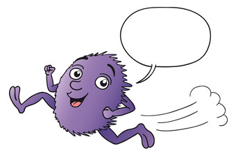 Cartoon funny violet creature running with speech bubble vector illustration