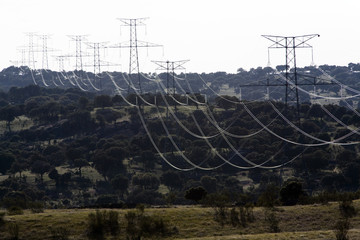 High voltage power lines from Alcantara dam, province of Caceres, autonomous community of Extremadura, southwestern Spain - obrazy, fototapety, plakaty
