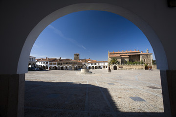 Arcade, main square or plaza mayor of Garrovillas de Alconetar, Caceres, Extremadura, Spain