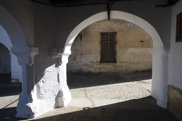 Arcade, main square or plaza mayor of Garrovillas de Alconetar, Caceres, Extremadura, Spain