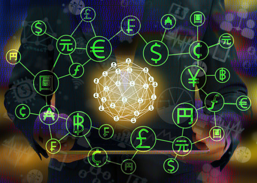 Fintech concept image. Currencies sign icon and Peer-to-peer icon with man suit holding tablet abstract binary code and building background.