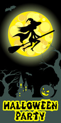 Halloween illustration of mysterious night landscape with witch fly on broom castle and moon. Vector drawing.