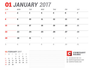 Calendar Template for 2017 Year. January. Business Planner 2017 Template. Stationery Design. Week starts Sunday. 2 Months on the Page. Vector Illustration