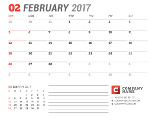Calendar Template for 2017 Year. February. Business Planner 2017 Template. Stationery Design. Week starts Sunday. 2 Months on the Page. Vector Illustration
