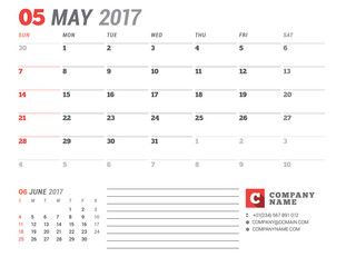 Calendar Template for 2017 Year. May. Business Planner 2017 Template. Stationery Design. Week starts Sunday. 2 Months on the Page. Vector Illustration