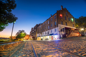 Shops and restaurants at River Street in downtown Savannah in Ge