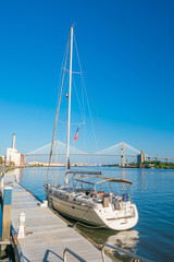 Downtown Savannah riverfront with blue sky