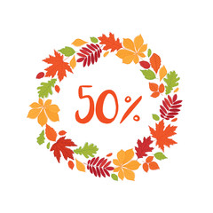 Seasonal sale. Up to 50% off. Autumnal round frame. Wreath of autumn leaves. Fall of the leaves. Vector.