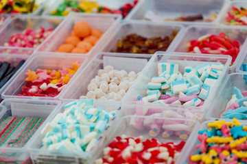 Assorted candy in a market. colorful candies and jellies