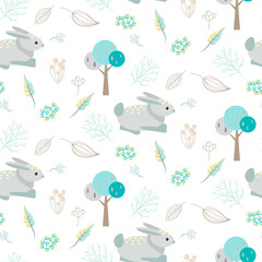 Blue bunny in abstract woods seamless pattern. Blue trees and berry on white background.