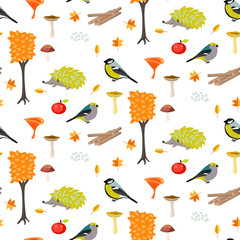 Cute cartoon forest seamless pattern with birds and hedgehogs. Trees and mushrooms forest pattern.