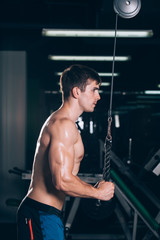 Fototapeta na wymiar Muscular man working out in gym doing exercises at triceps, strong male naked torso abs