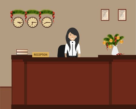New Year in the hotel. Hotel reception with Christmas decoration. Young woman receptionist stands at reception desk. Travel, hospitality, hotel booking concept. Vector illustration