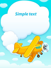 The plane flies in the blue sky with clouds. Cartoon vector illustration. Poster.