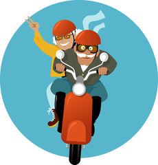 Adventurous mature couple riding a scooter, EPS 8 vector illustration, no transparencies 