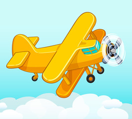 Cartoon airplane flying in the sky with clouds. Vector illustration