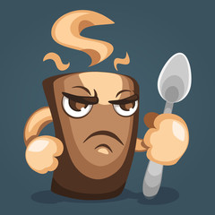 Illustration of a fearsome coffee mug with  fist and  spoon in hand, side view. Cartoon character design