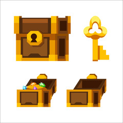 Cartoon wooden chest with gold and key
