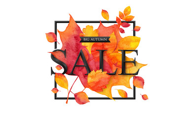 Big autumn SALE 3d style black sign in square frame on fiery leaves background