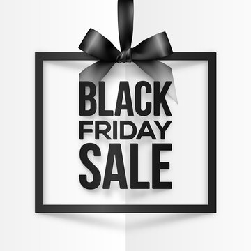 Square vector frame hanging on silky ribbon with Black Friday Sale sign inside