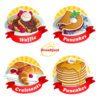 Labels with a red ribbon. A set of food for breakfast Classical breakfast. Vector illustration.