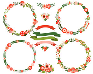 Flower wreath borders in red and green colors