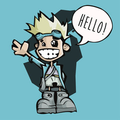 Vector Illustration of a happy little man waving at camera saying Hello! With Blonde hair, big smile and light blue coat