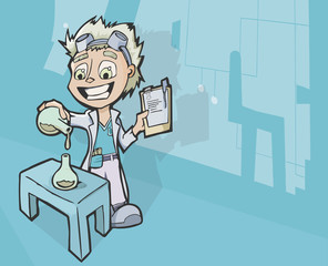 Vector illustration of a happy and mad young scientist with a lab coat working on mixing chemicals in a laboratory