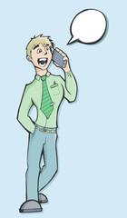 Vector illustration of a businessman talking on the phone with a speech baloon and copy space, dressed in a green shirt and tie.