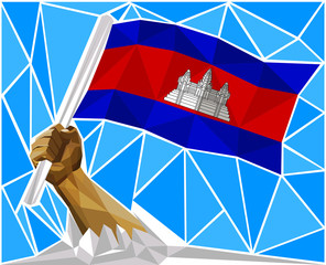 Patriotic Powerful Man Arm Raising The National Flag Of Cambodia
