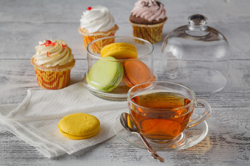 French macaroons. Coffee, chocolate, vanilla and raspberry