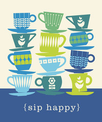 colorful retro illustration with stacks of tea cups for poster, invitation, greeting cards 