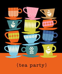 colorful retro illustration with stacks of tea cups for poster, invitation, greeting cards 
