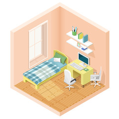 Modern graphic isometric room with bed and workplace. Isometric furniture icons. Vector illustration.