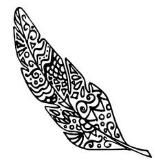 Monochrome black and white bird feather vector sketched art