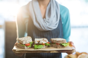 Waitress holding a tray with sandwiches in café