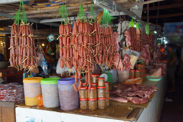 Local sausages on display  in  Siem Reap