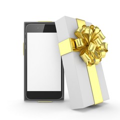 Smartphone in gift box. Isolated on white background. 3d rendering.
