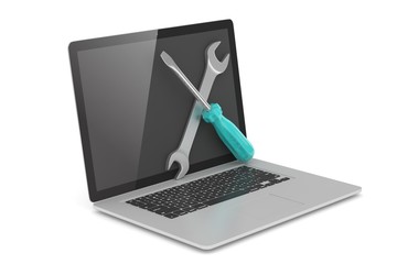 3D Illustration Wrench and screwdriver on laptop, service concept