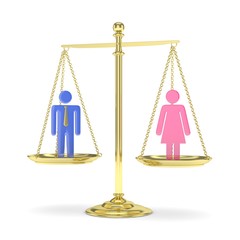 Isolated old fashioned golden pan scale with man and woman on white background. Gender inequality. Equality of sexes. Law issues. Colorful model. 3D rendering.