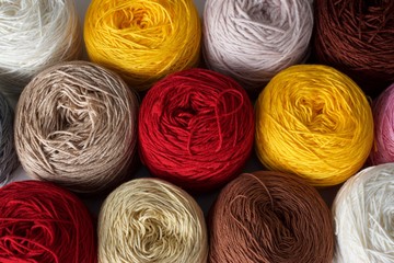 Balls of wool cotton silk yarn set top view