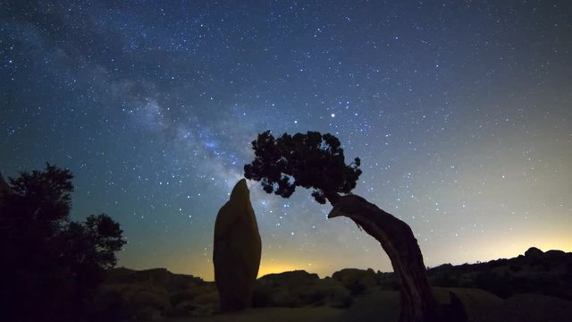 MoCo Dolly Astro TimeLapse of Galaxy thru Rock & Cypress in Joshua Tree -Zoom In